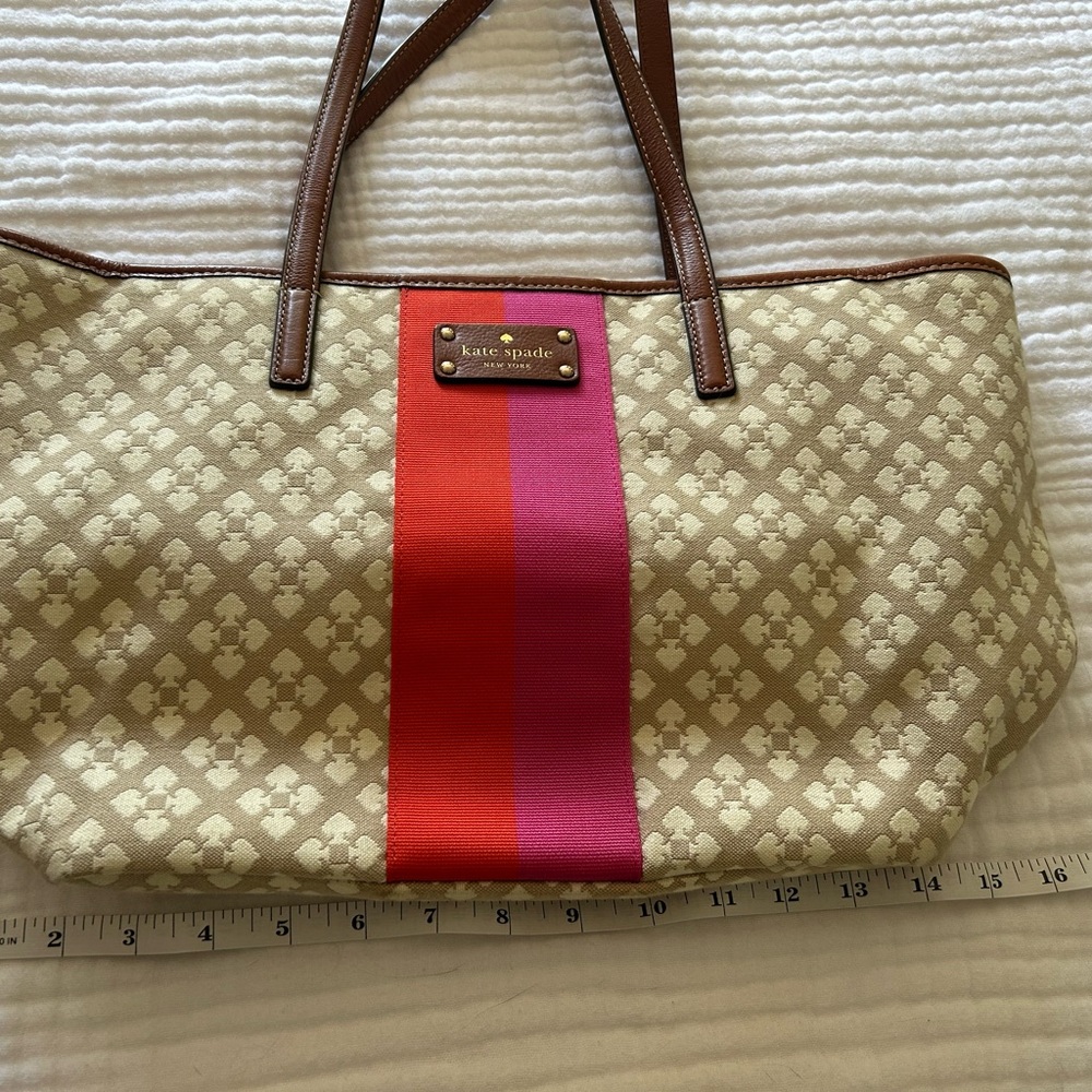 Kate Spade Tan Tote with Pink and Red Stripes - Picture 4 of 6